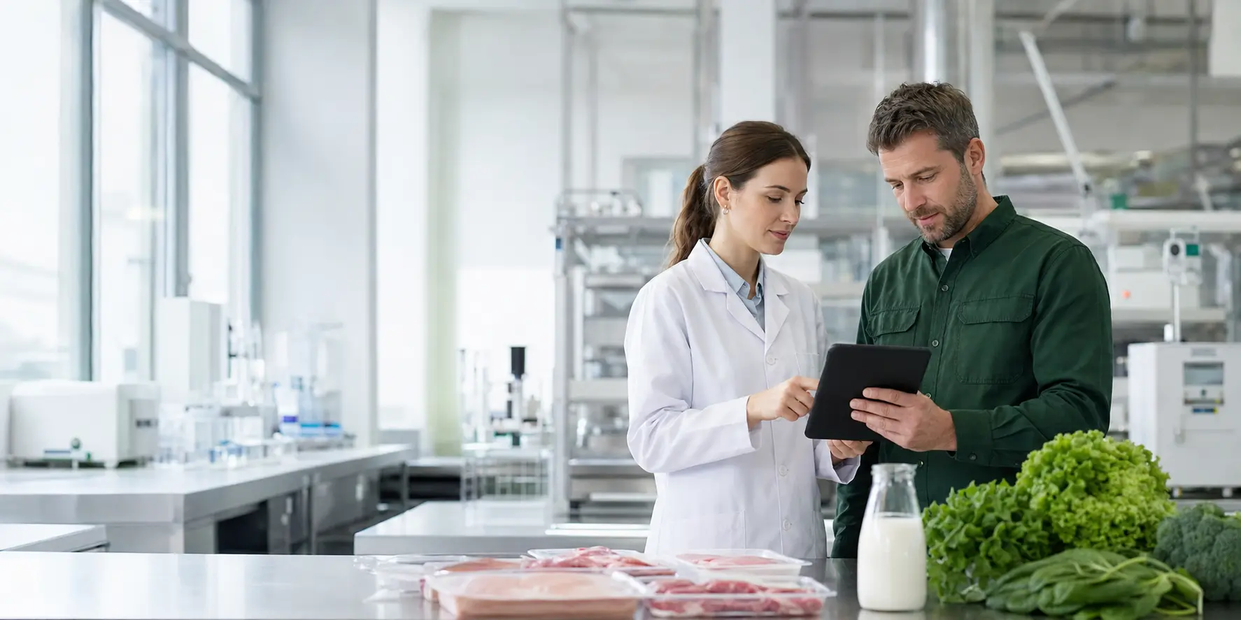 Food technologist and operations specialist reviewing data on a tablet