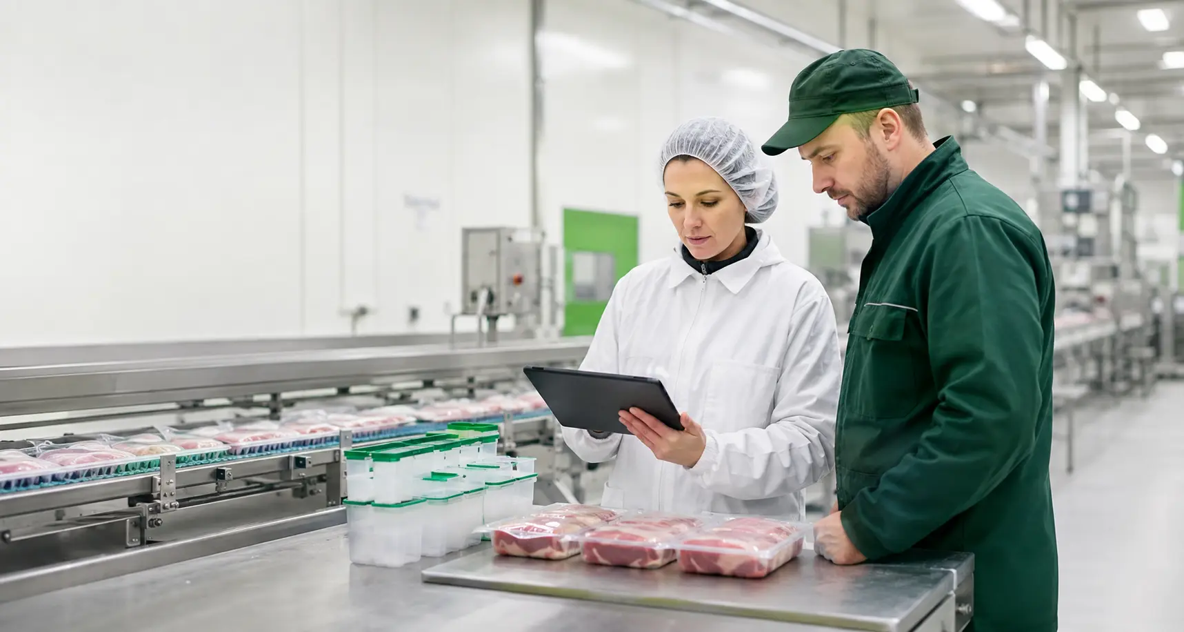Food quality specialist and production manager reviewing a batch on a tablet