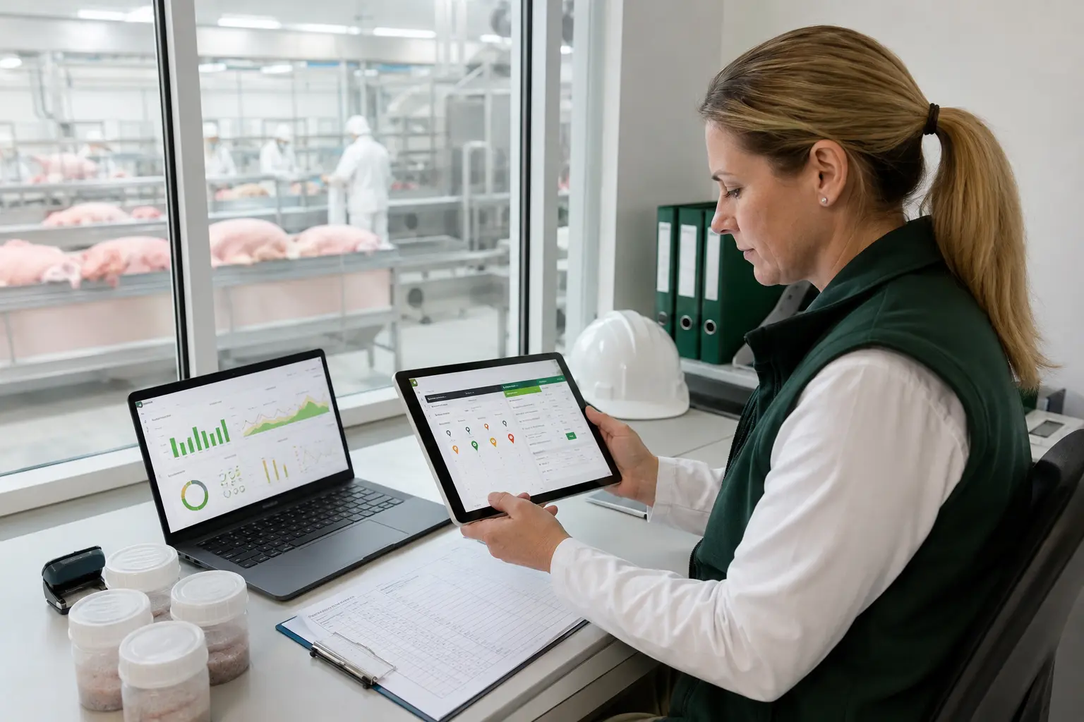 Quality manager reviewing sampling and compliance information