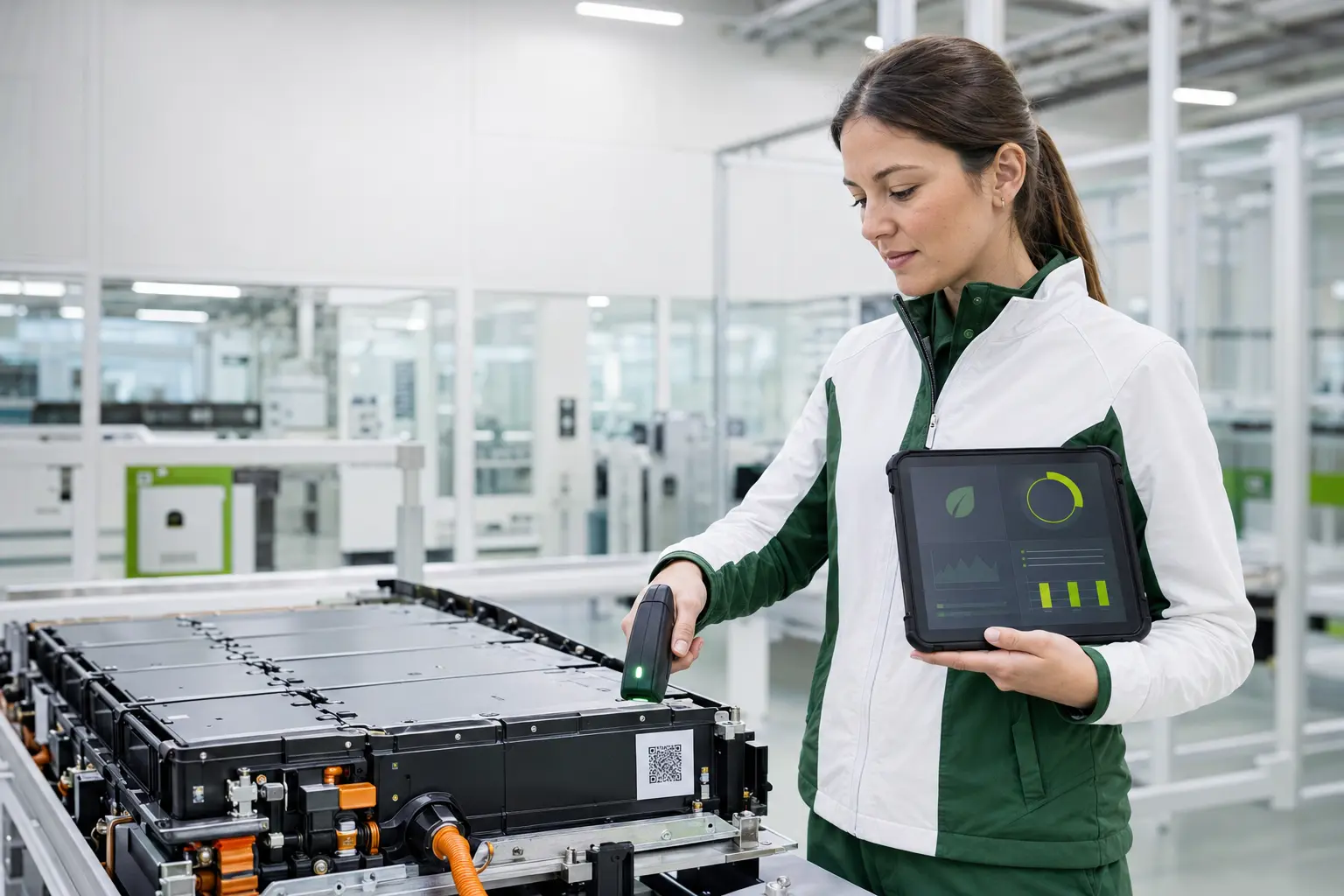 Battery specialist scanning a battery module while viewing passport data
