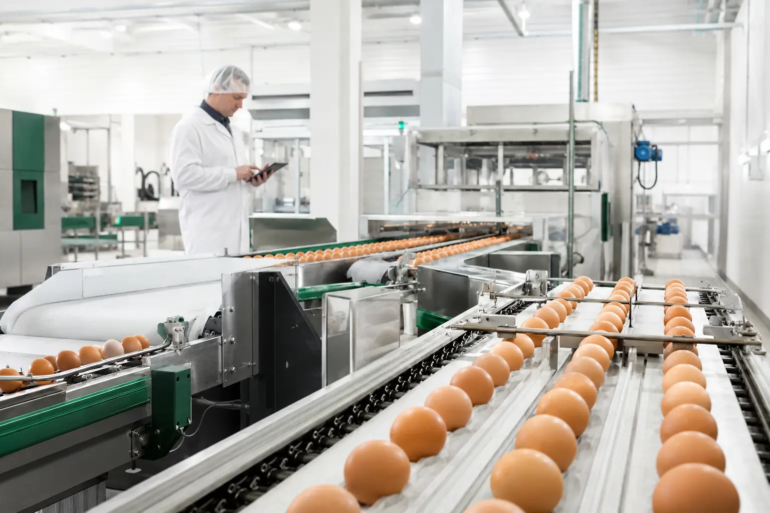 Egg production line being monitored in a clean facility
