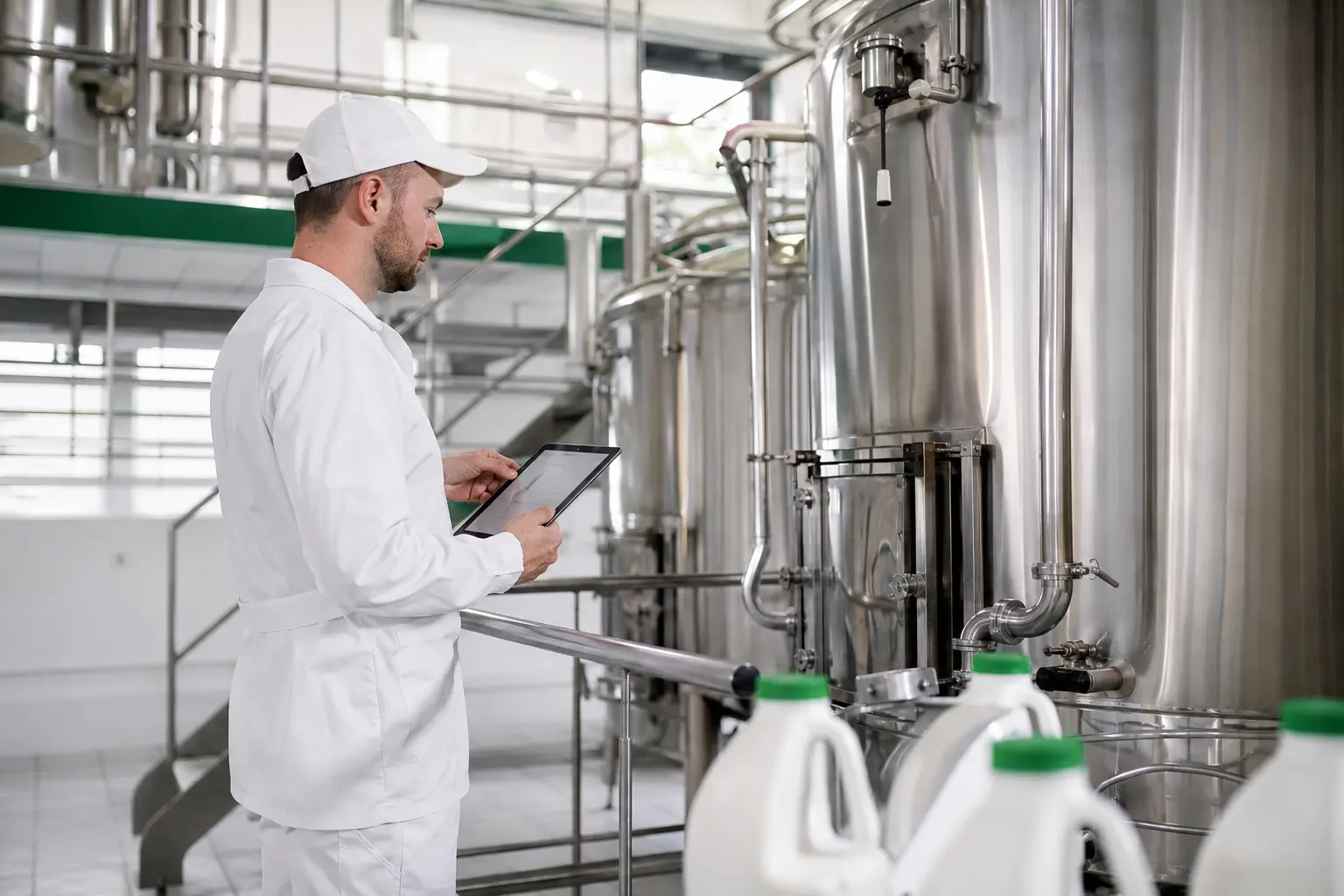 Dairy technician checking processing equipment with a tablet