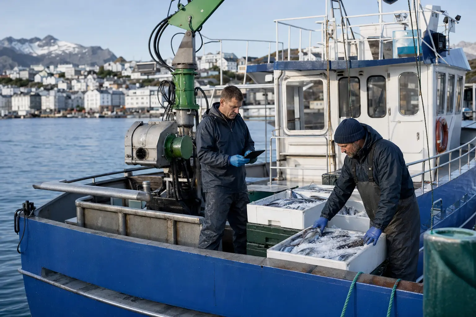 Seafood workers handling a catch on a fishing boat